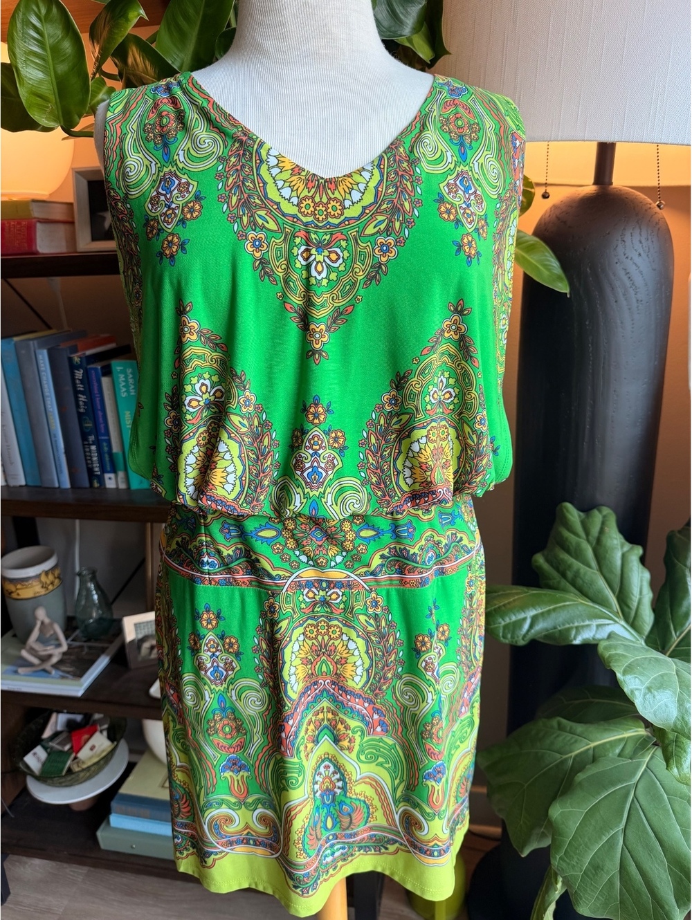Sandra Darren Green Paisley Print Sleeveless Dress Size 4